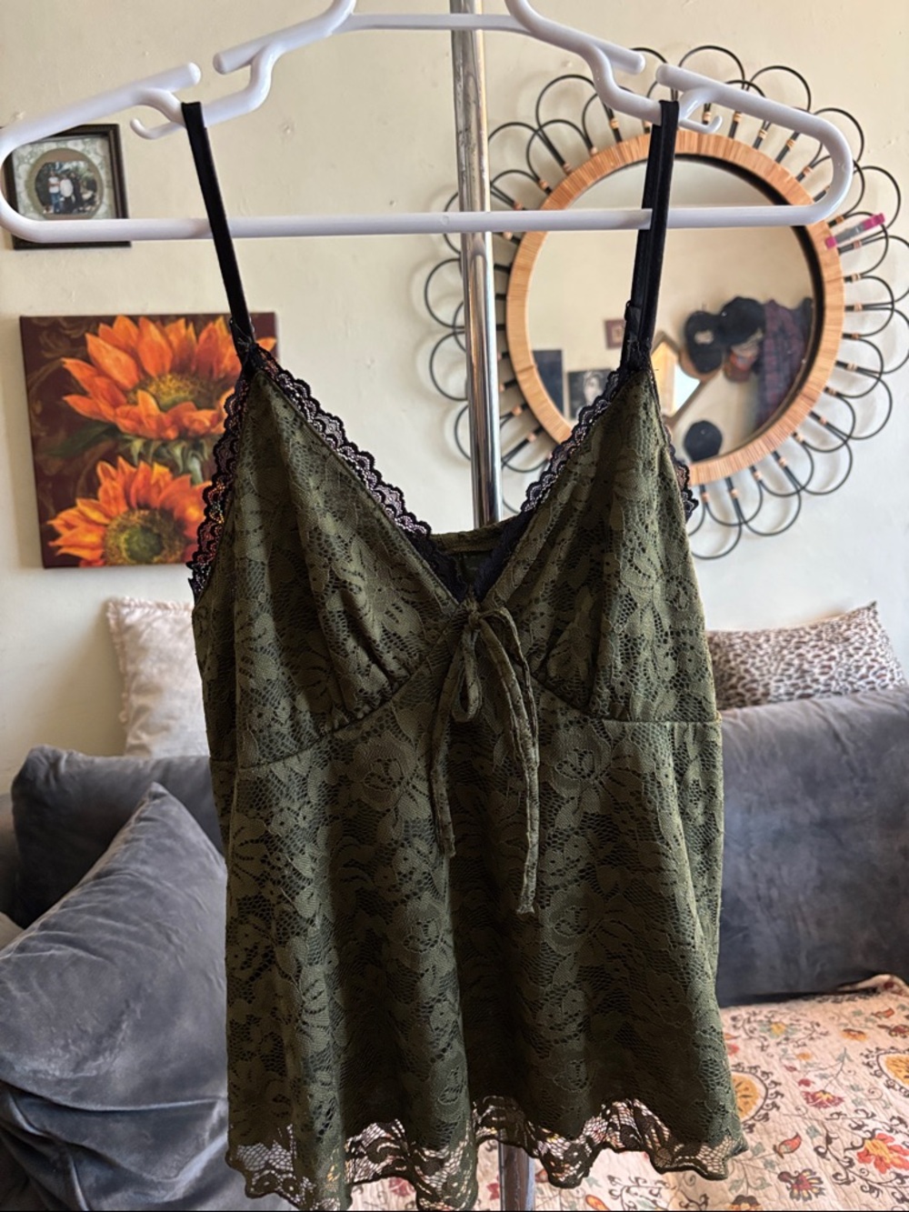 Fairycore Stretch Lace Olive Green Lined Camisole Top Size XL